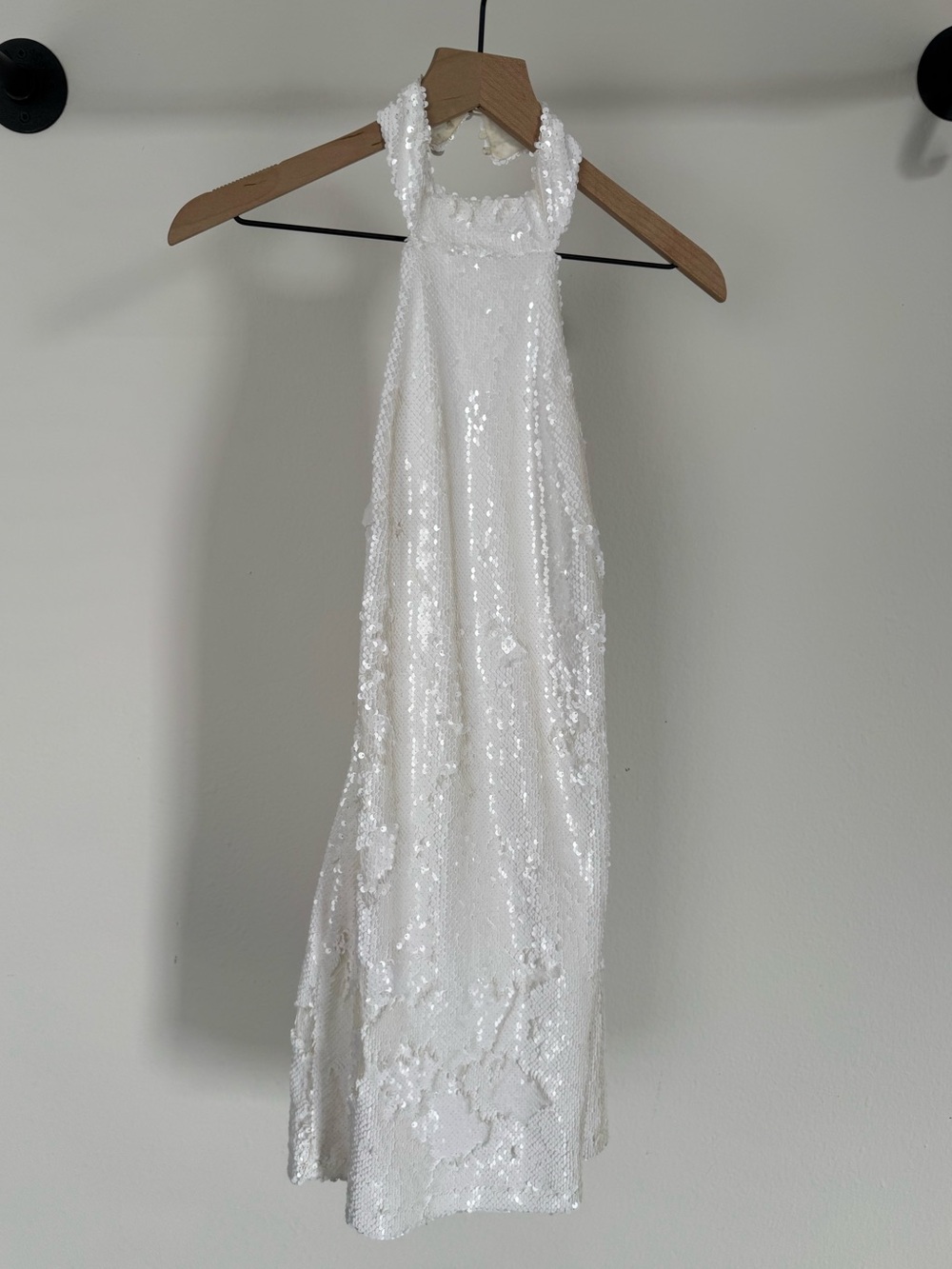 MESHKI white Sequin Halter White Evening Dress Medium